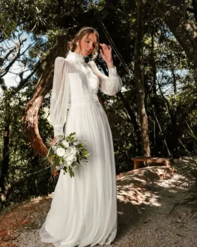 Vestido de Noiva off-white Doce Maria- renda guipir e tule - tam. P e Véu Longo Branco