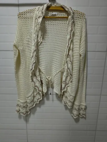Cardigan casaquinho Tricot Crochê Bege Feminino P usado