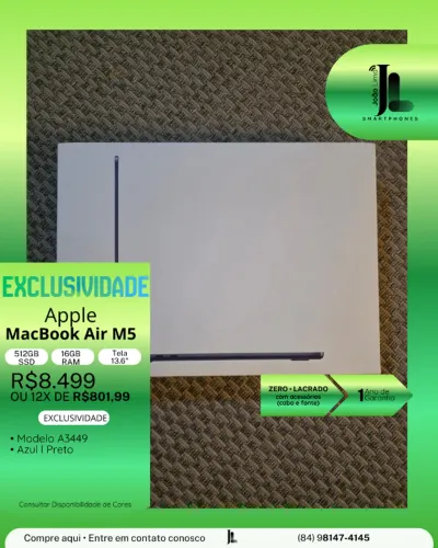 MACBOOK AIR M5, 512GB, 16GB RAM, TELA 13.6 POL., LACRADO, LANÇAMENTO!