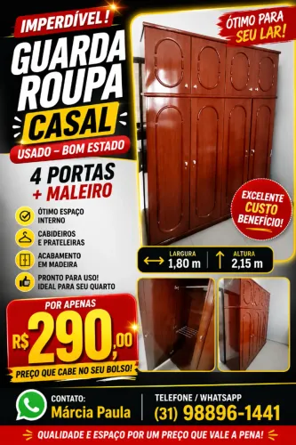 GUARDA ROUPA CASAL 4 PORTAS E MALEIRO