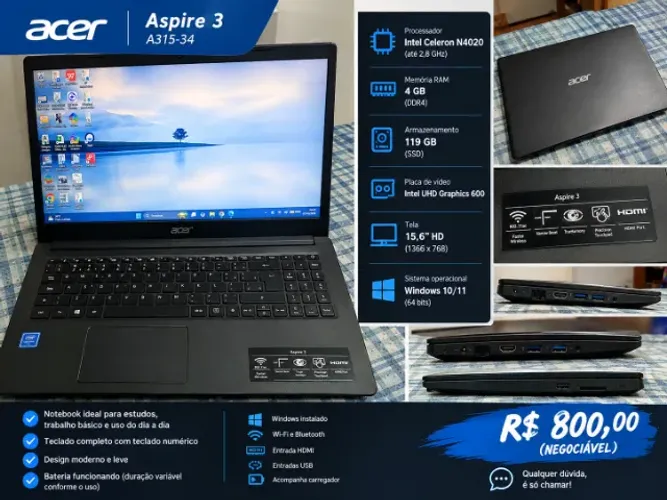 Notebook Acer Aspire 3 - Intel Celeron / 4GB RAM / SSD 128GB - Perfeito Estado