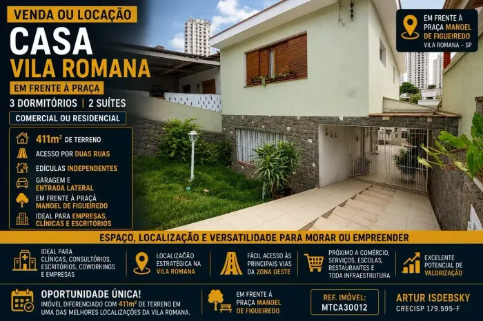Venda ou Locação Casa Vila Romana 411m² Comercial ou Residencial 3 Dormitórios 2 Suítes