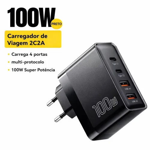 Carregador Rápido Essager 100W 2C2A 4 Portas USB-C e USB Tipo-C Turbo