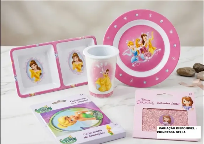 Kit Infantil Princesas & Fadas copo 2 pratos caderno fada Bolsinha com Glitter da Bela