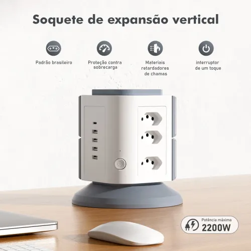 Extensão Coibeu Torre Vestical 9 tomadas, porta USB e Tipo-C, carregamento por Indução