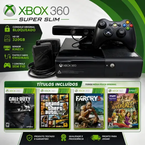 Xbox 360 Super Slim 320GB Original Completo + Kinect + 4 Jogos Originais