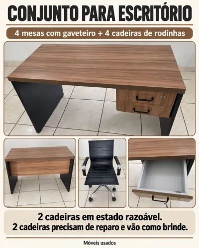 4 estações de trabalho com mesas, gaveteiros e cadeiras