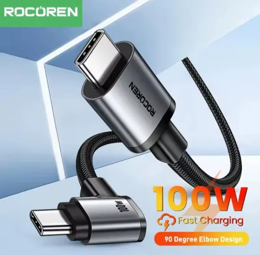 Cabo USB C para C Rocoren 100w<br>Rocoren cabo usb tipo c cotovelo de 90 graus tipo-c usbc