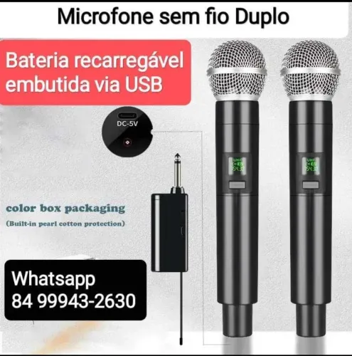 Microfone sem Fio Duplo c/ Bateria embutida recarregável via USB (Novo)
