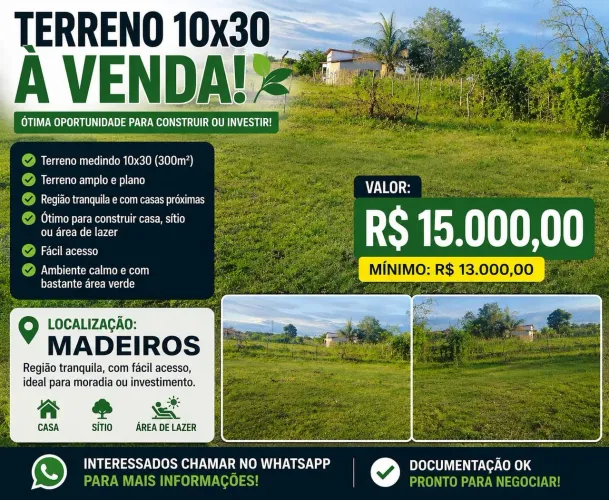 TERRENO BARATO EM MADEIROS - APENAS R$15 MIL