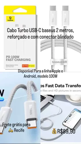 Cabo baseus para iPhone 15 16 17 pro max reforçado 2 metros
