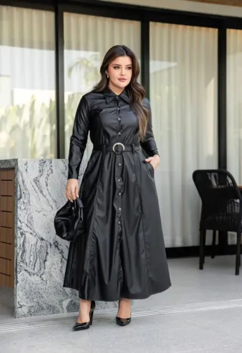 Vestido Chemise Feminino em Courino com Cinto, Manga Longa e Botões Elegante