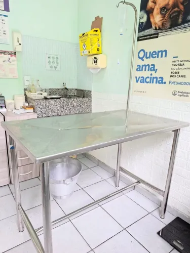 Mesa de atendimento veterinário inox com balde coletor 