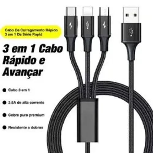 Cabo de carregamento ultrarrápido 3 em 1, tipo C Cabo de dados USB em todos os modelos