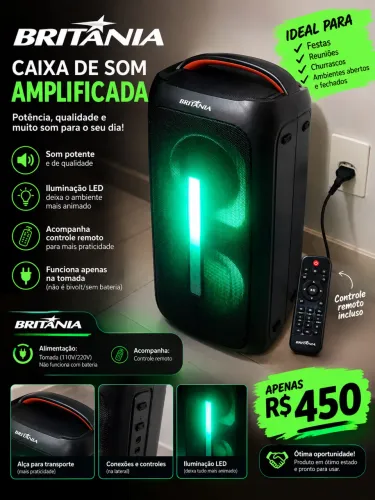 Caixa de Som Portátil Britânia BCX6801 Bluetooth e LED - FUNCIONA APENAS NA TOMADA!