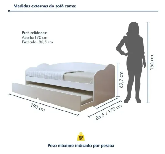 Bicama de solteiro branca, modelo Liz, cabeceira curvada, cama Aux embutida com rodinhas