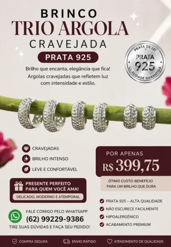 Brinco Trio Argola Cravejada em Prata 925