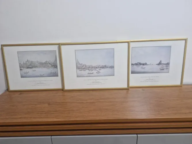 Quadro gravura 3 peças Rio de Janeiro antigo, 1787.moldura alumínio e eucatex.