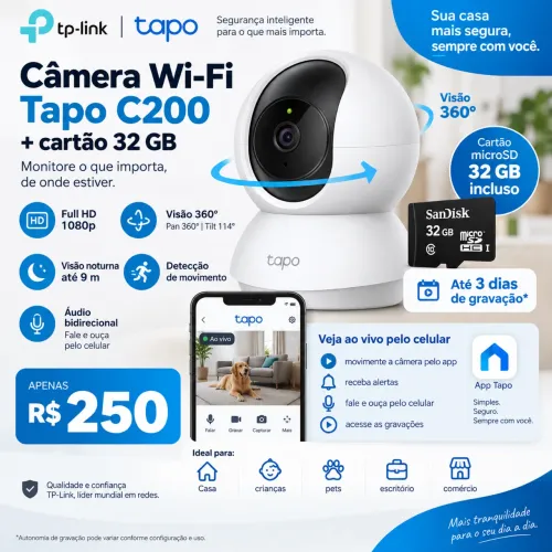 Câmera Wi-Fi TP-Link Tapo C200 + Cartão 32GB 