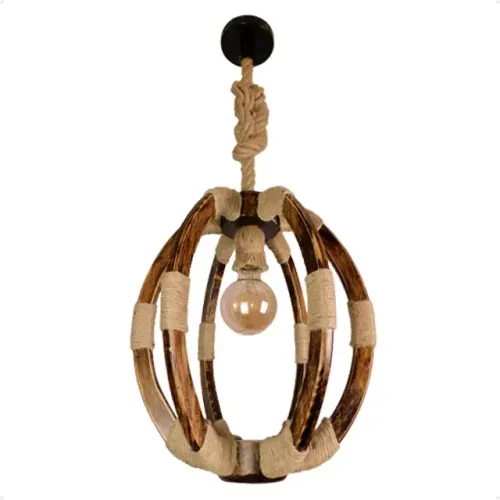 Pendente Globo Madeira E Sisal Área Gourmet Varanda Boho 127/220v Marrom