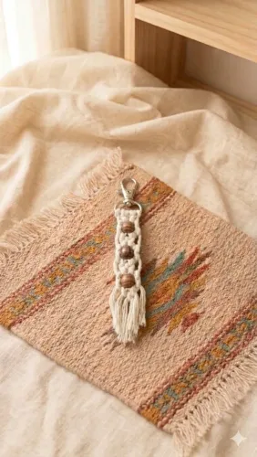 Chaveiro em macrame detalhe de madeira 