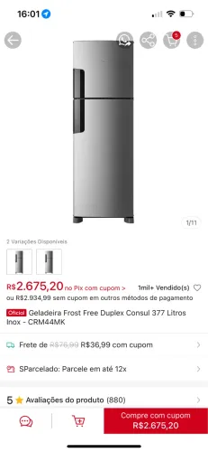 Geladeira Consul Frost Free 377L Inox CRM44MK - ZERA / 127V / Sem Uso