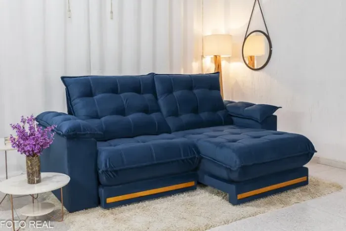 Sofá Retrátil Reclinável Barcelona 2.30m Molas Ensacadas Veludo Azul Até 12x