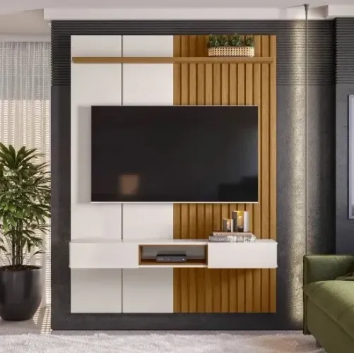 Painel para TV com Prateleira e Nicho Ripado tt65