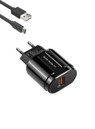 CARREGADOR 1 USB TURBO 1 CABO TIPO-C PARA USB 18W RENUX BRANCO/PRETO CAR-K8002C