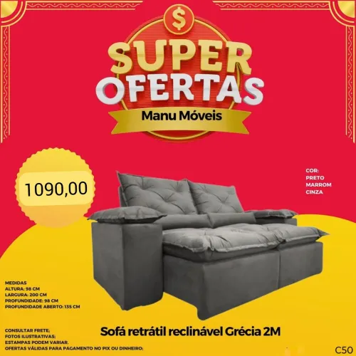 Sofá retrátil e reclinável Grécia 2M - Super Oferta! 3 cores disponíveis