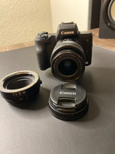 camera canon m50markII + lente 15-45 + adaptador