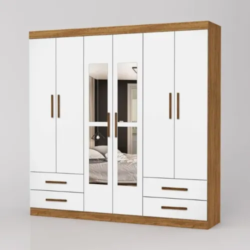 Guarda Roupa Hercules 6Pts 4Gvs com Espelhos Cinamomo.Off White Carioca - Entrega Rápida!