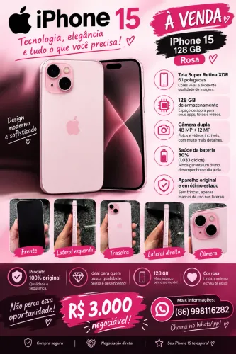 ? iPhone 15 128GB Rosa - Original - Excelente Estado