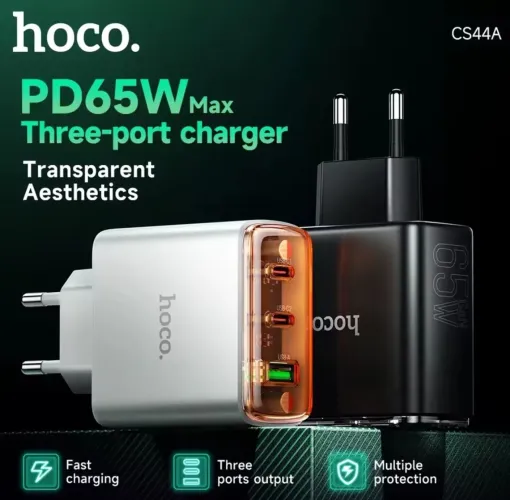 Carregador Hoco 65W PD 3 portas + Cabo de 100W, Cor: Branco. Lacrado