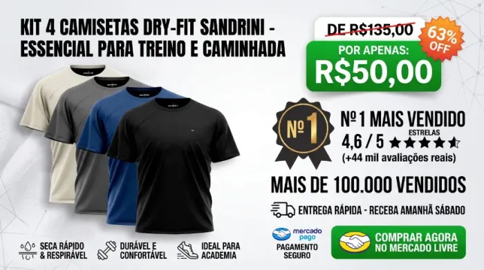 Kit 4 Camiseta Dry-fit Sandrini Masculina Academia Caminhada