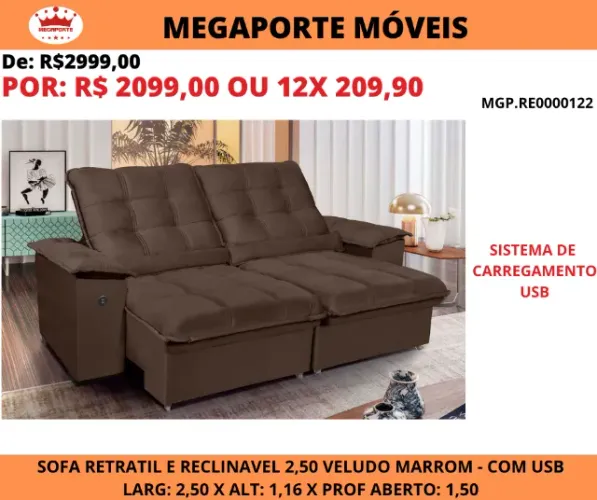 Sofá Retrátil e Reclinável 2,50 Veludo Marrom com USB