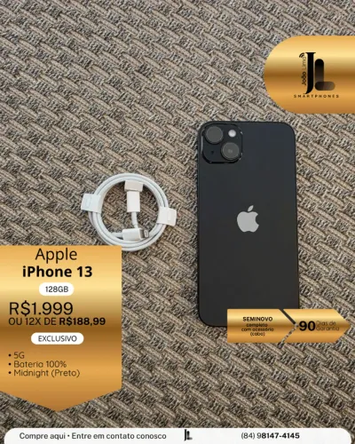 IPHONE 13, 5G, 128GB, SEM CAIXA, MIDNIGHT, BAT 100%, SEMINOVO, EXCLUSIVO!