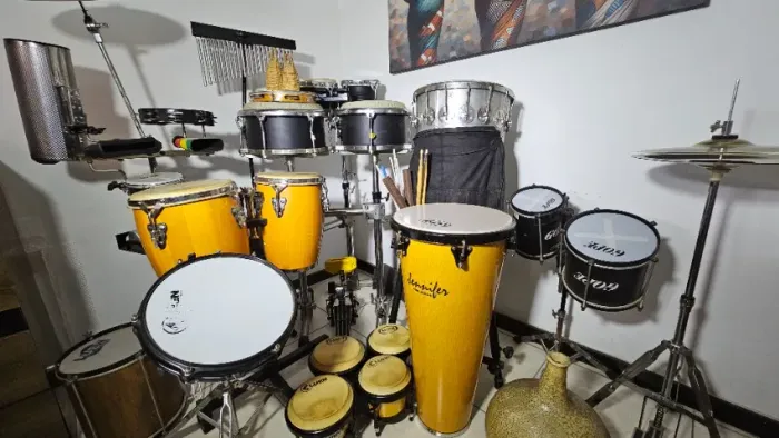 Kit de Percussão Completo ? vários instrumentos e acessórios