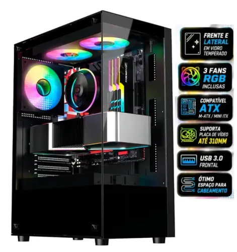 Gabinete 3 fans RGB vidro temperado, novo, lacrado, com garantia!