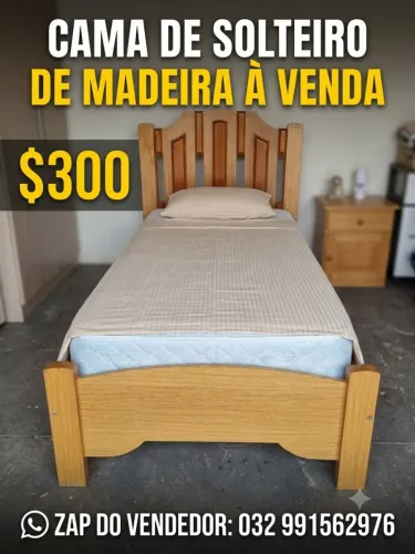 Cama de Solteiro de Madeira Maciça com colchão
