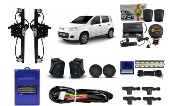 Kit vidro elétrico porta dianteira e alarme para Uno 4 portas