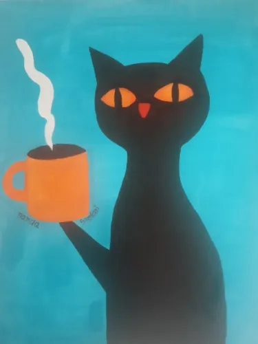 Pintura em acrílica sobre tela/ Gato tomando café