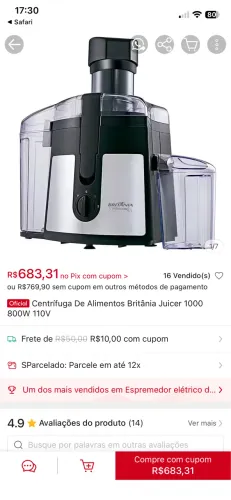Vendo Centrífuga De Alimentos Britânia Juicer 1000