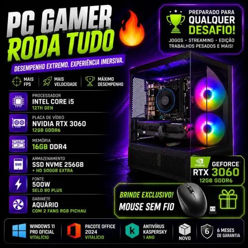 PC Gamer Top Core i5 12th 16GB SSD 256GB RTX 3060 12GB Roda de Tudo
