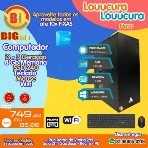 Computador Intel Core i3 8GB RAM SSD 240GB Windows 10 - Em ate 10x Fixas