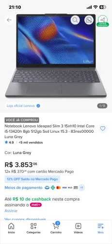 Lenovo IdeaPad Slim 3i i5 13ª 8GB 512GB SSD 15,3" - 9 meses de uso
