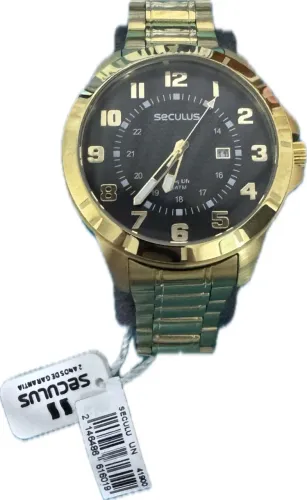 Relógio Seculus masculino dourado e preto novo com etiqueta