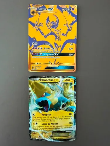 Lote 2 Cartas Pokémon Raras: Lunala GX Dourada + Manectric EX usadas no estado que esta