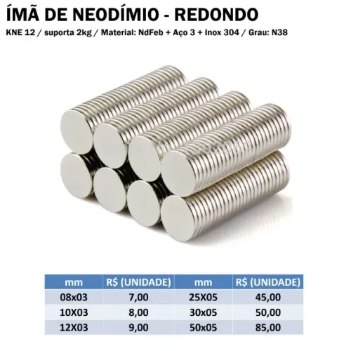 Ímã de Neodímio Redondo (Tamanhos e Valores na Foto)