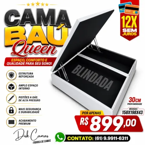 Cama Baú Queen Blindada - Amplo espaço interno com 30cm de profundidade.